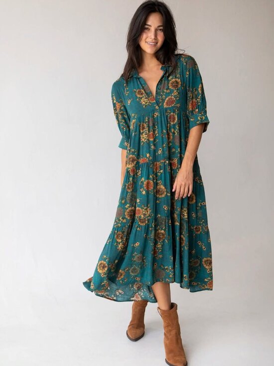 NATURAL LIFE Dresses & Skirts - Natural Life Floral Patchwork Maxi Shirt Dress Teal Rust Size L